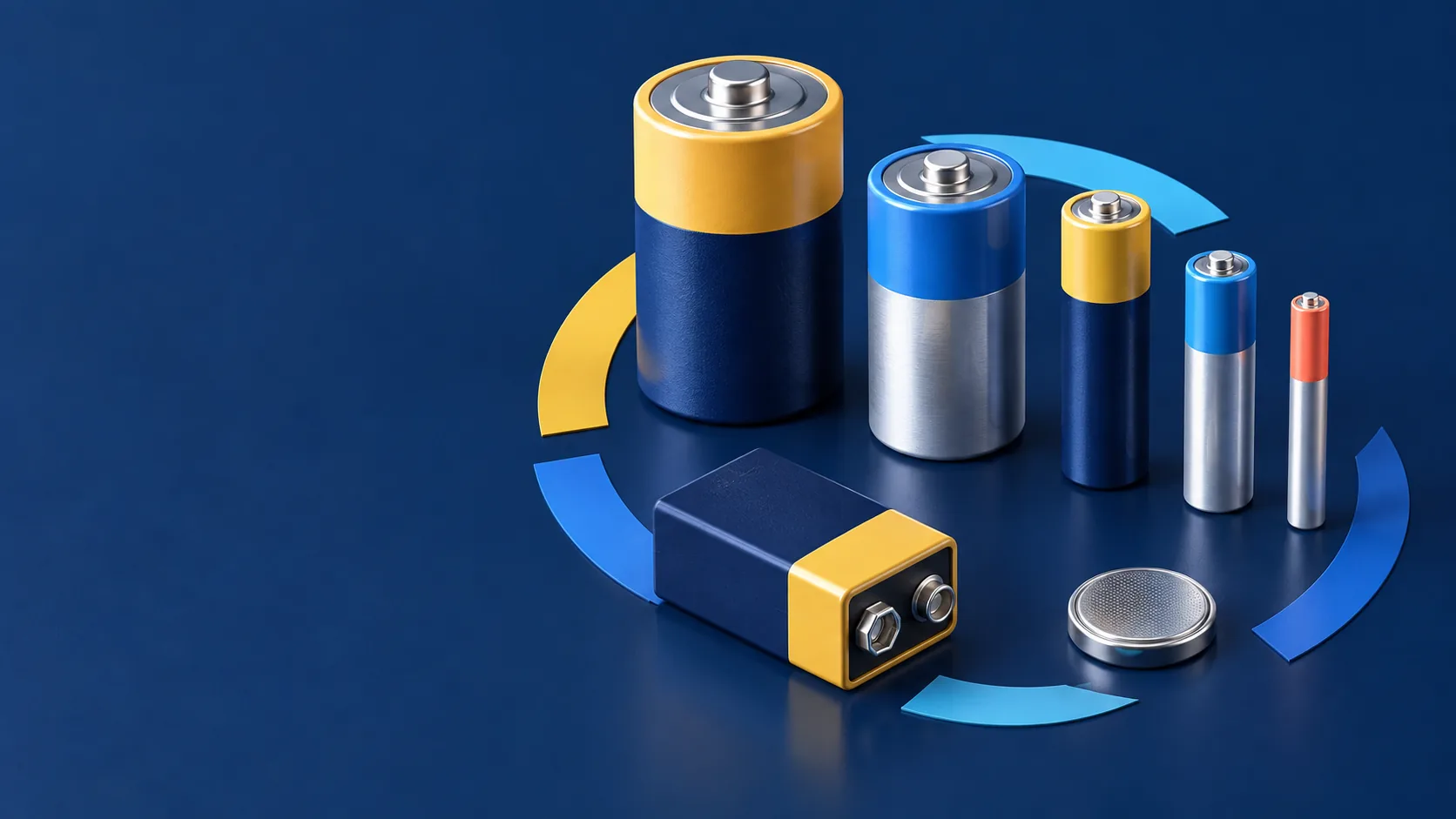 Différents formats de piles cylindriques, une pile 9 volts et une pile bouton disposés sur fond bleu